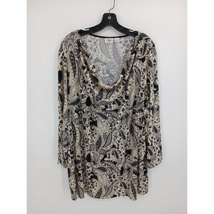 Cato Woman Top 26W 28W Tunic Length Sequined Black Paisley Print 3/4 sleeve